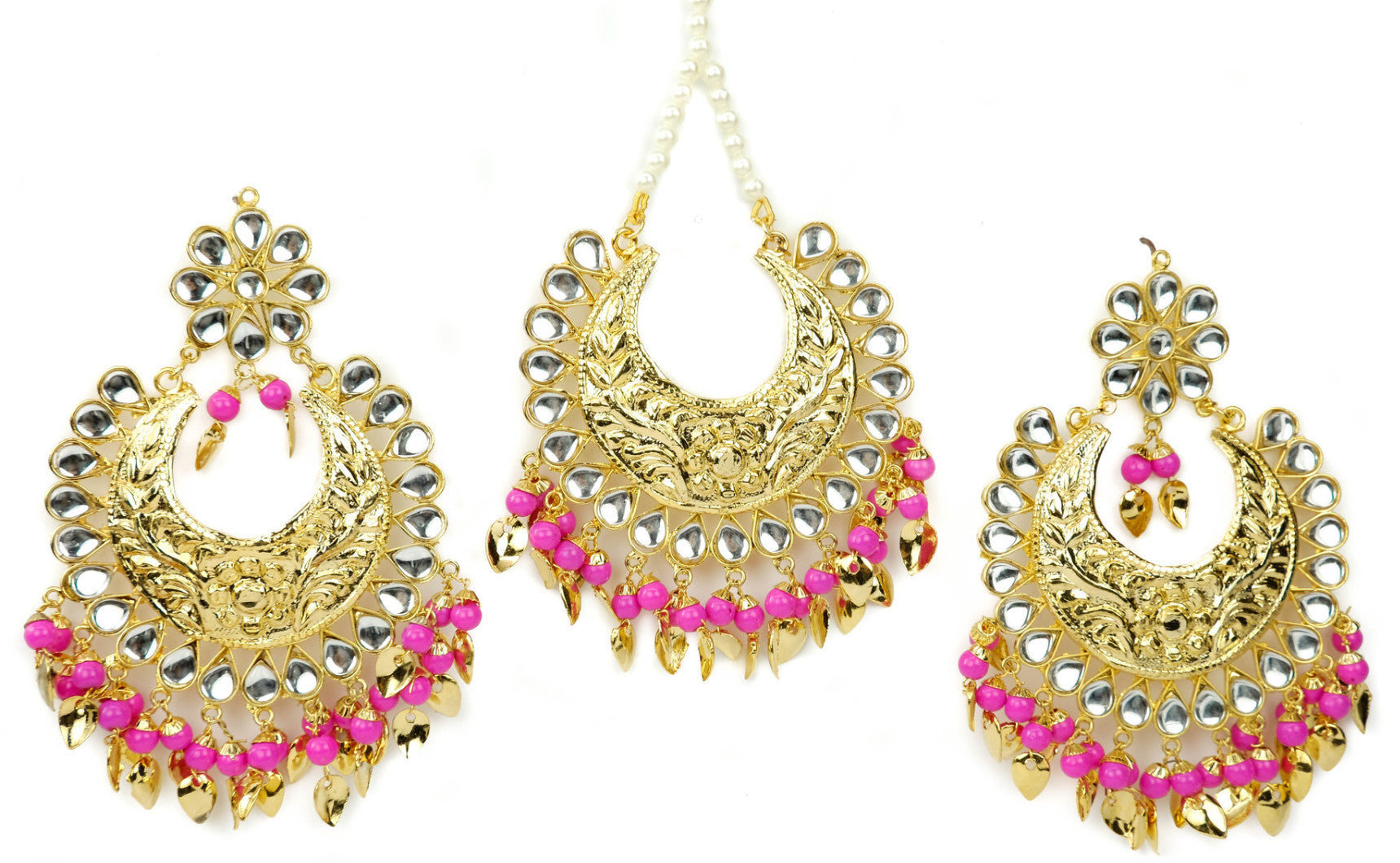 Gold Plated Kundan Magenta Earrings Tika Set