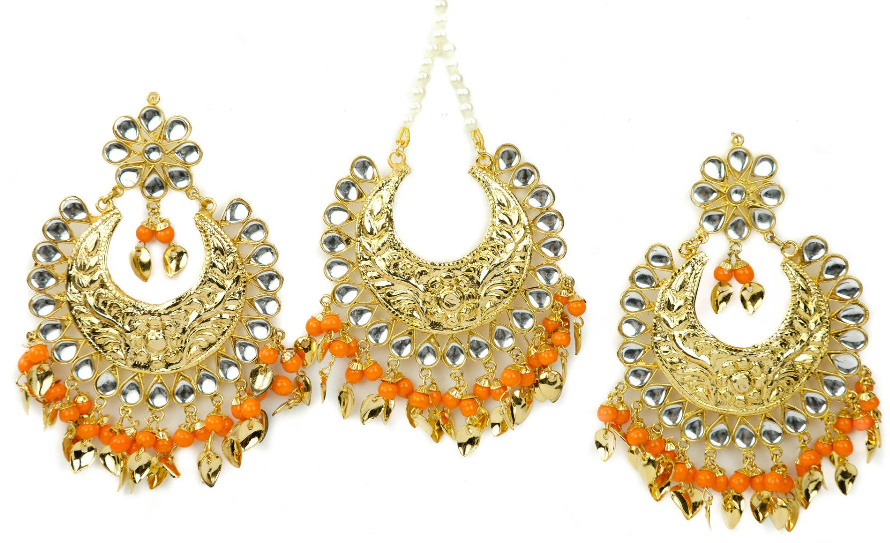 Gold Plated Kundan Magenta Earrings Tika Set
