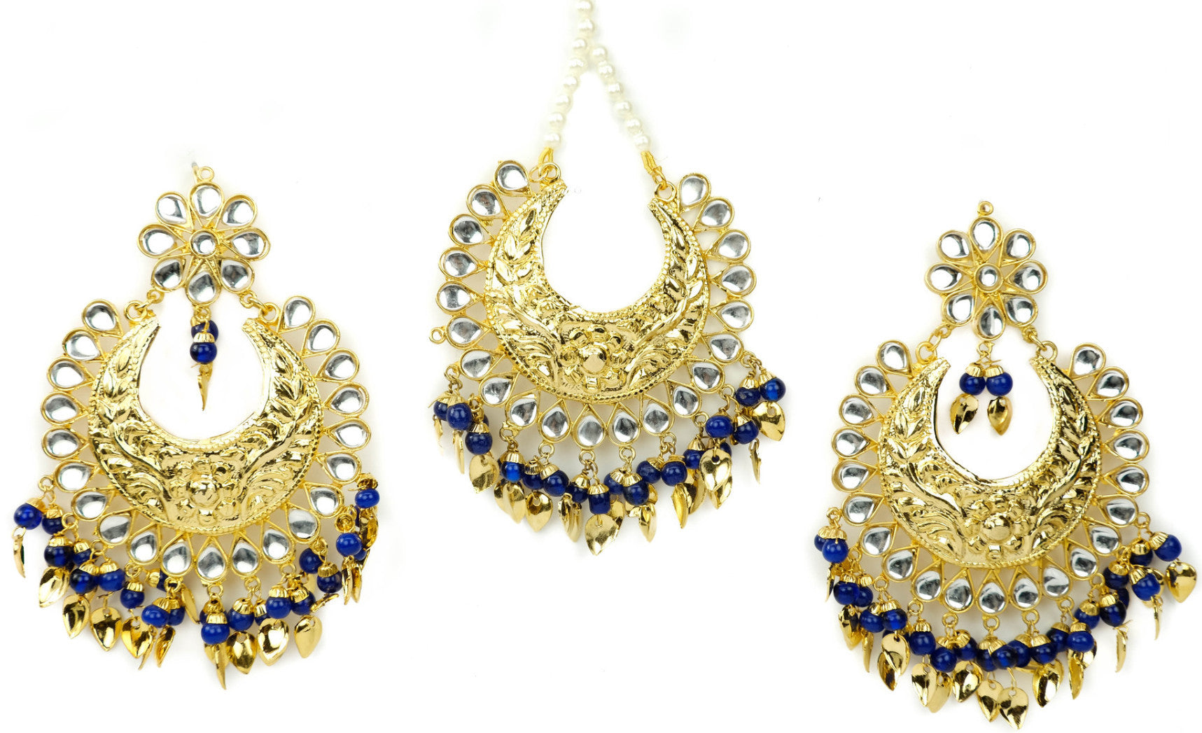 Gold Plated Kundan Magenta Earrings Tika Set