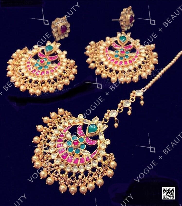 Gold Plated Ruby Emerald Earring Tikka Set