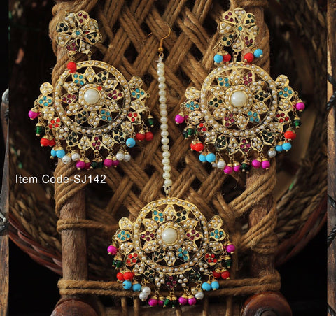 Gold Finished Navratan Jadau Earring Tikka Set
