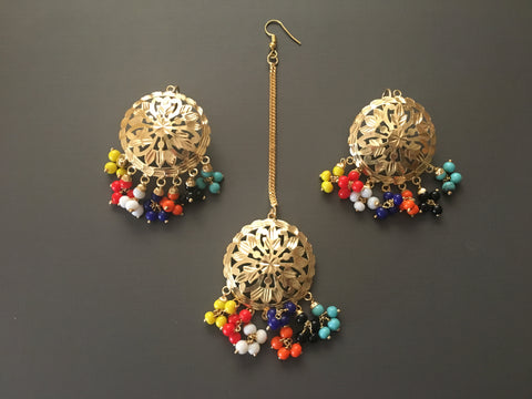 Gold Navratan Multicolour Earring Tikka Set