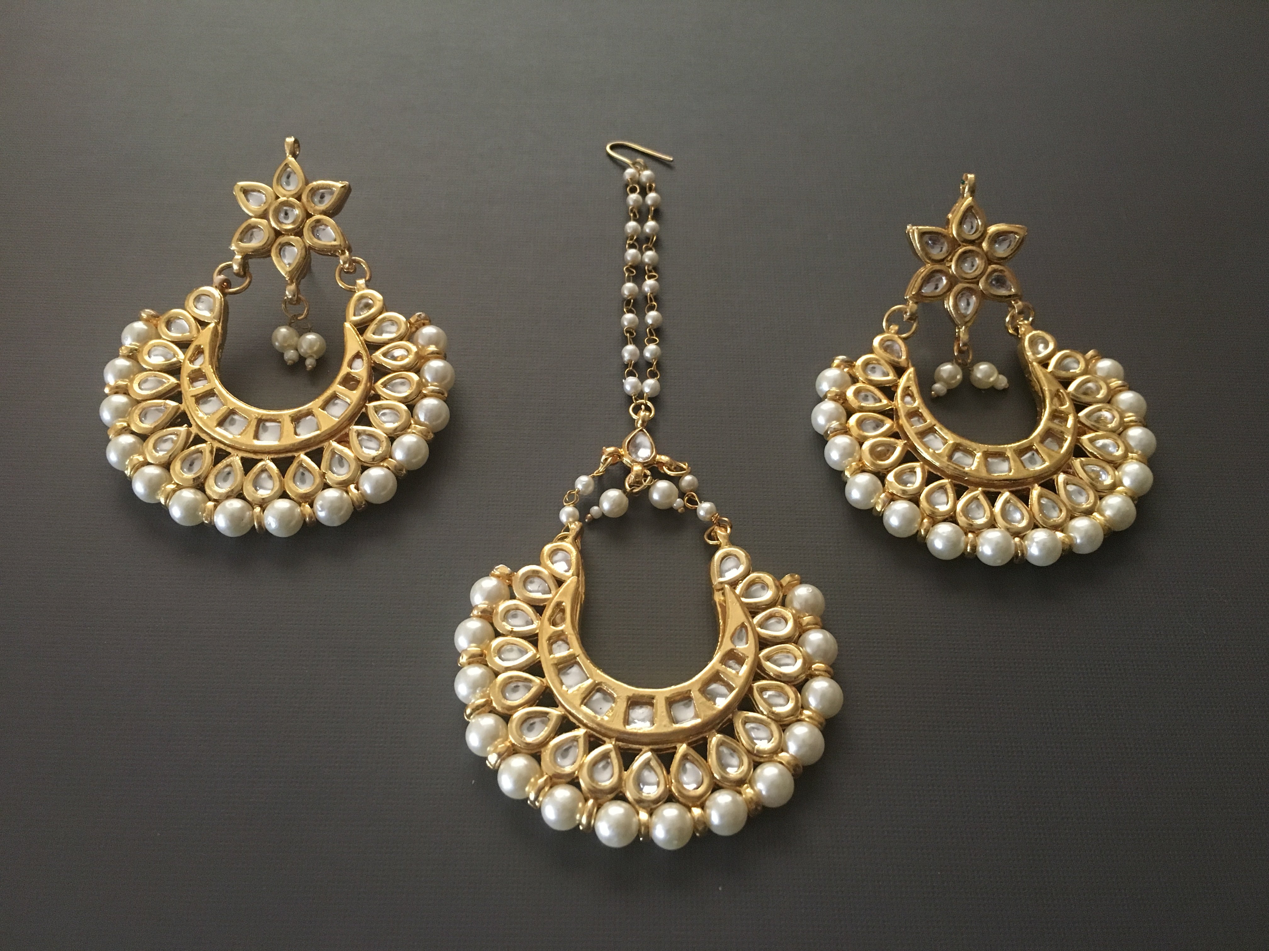 Gold Finished Kundan Chand Bali Earring Tikka Set