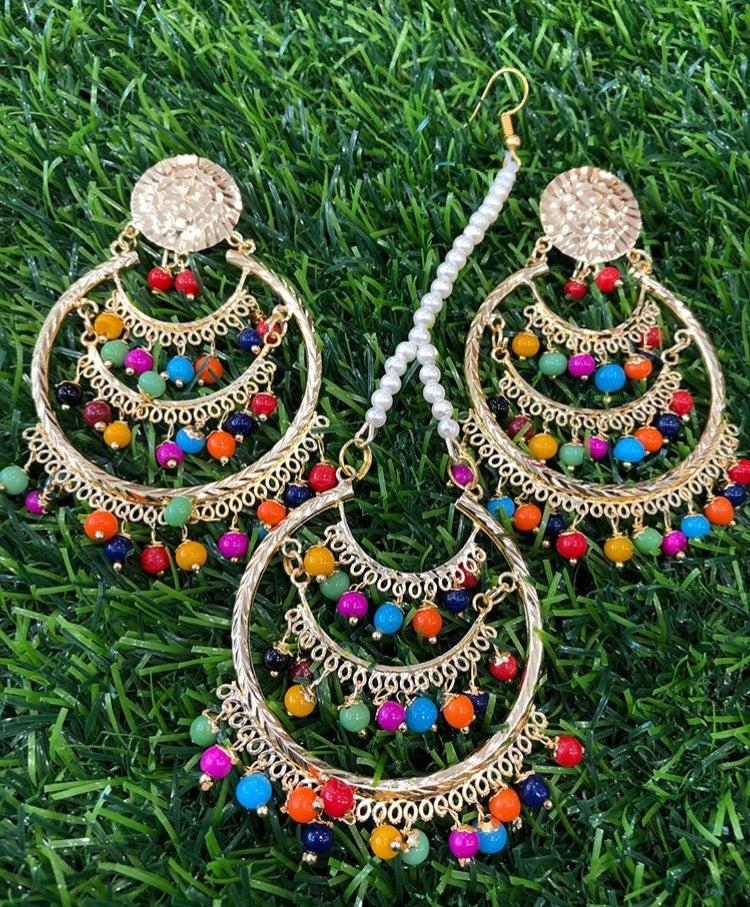 Golden Jadau Traditional Pipal Patti Earrings Tikka Set – Amazel Designs